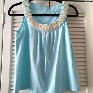 Talbots Sleeveless Top Turquoise Pleated White Beaded Trim Sz S Petite-96